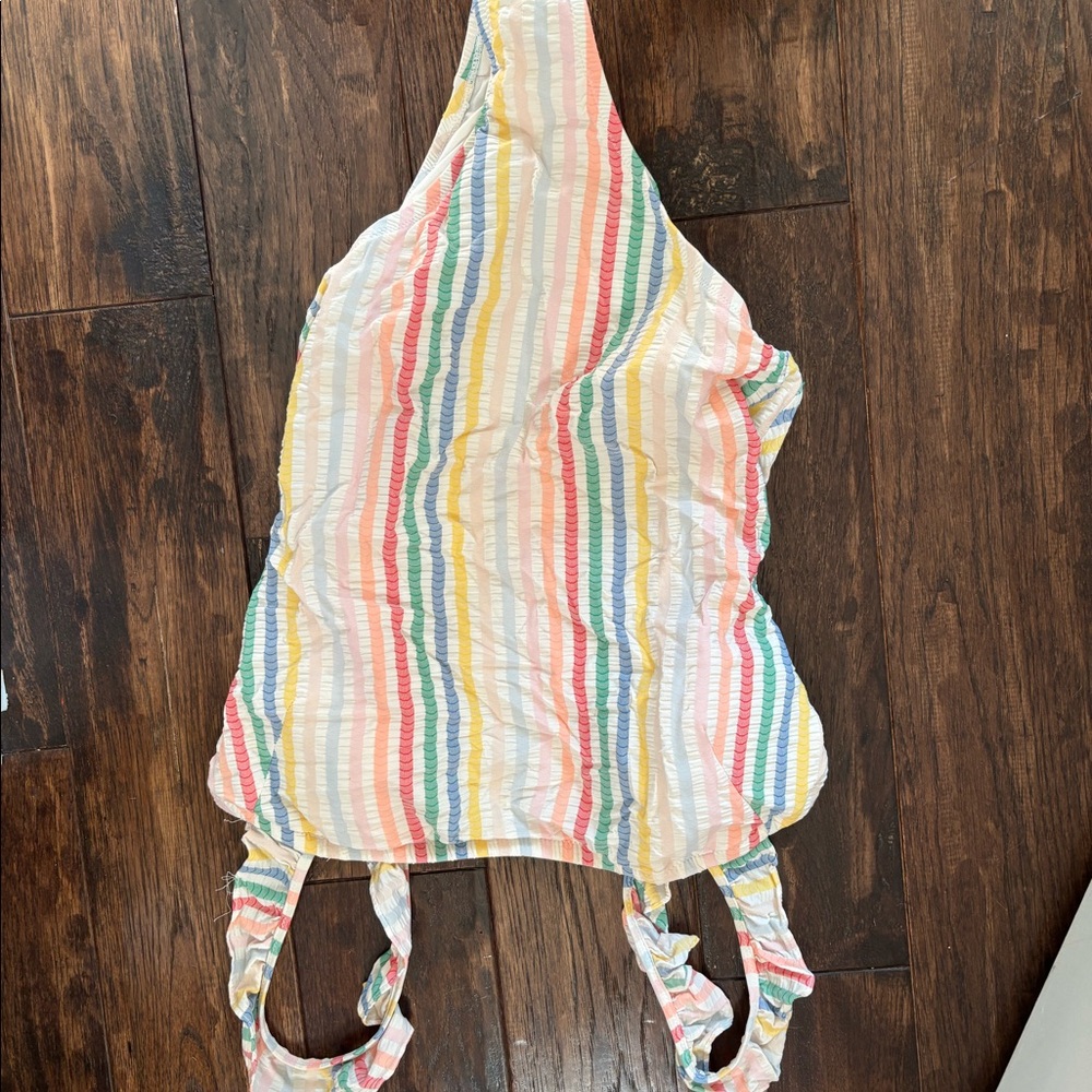 J Crew ruffled rainbow stripe bathing suit